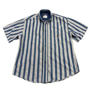 Vtg Coliseum Jeans Mens Medium Blue Striped Crest Logo Cotton Soft Denim Shirt